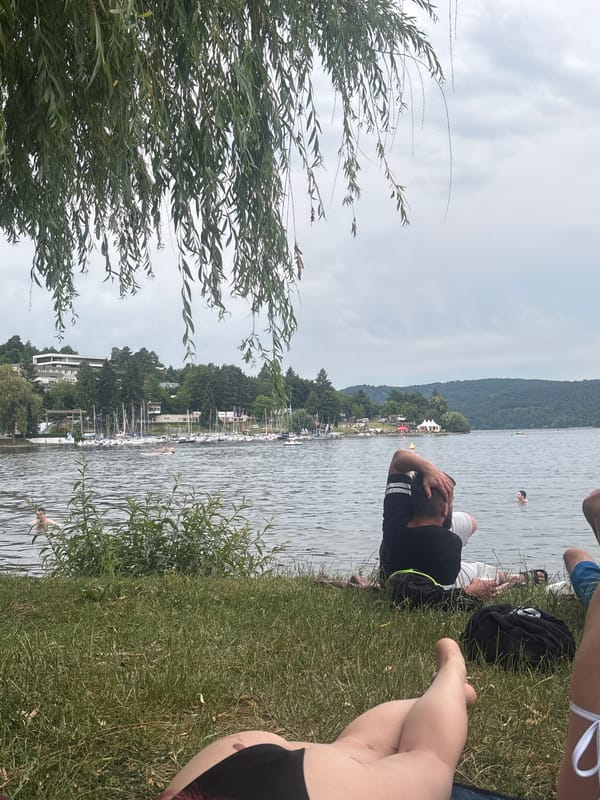 Lazy lakeside afternoon with swimming, sunbathing, and a pedal boat.
