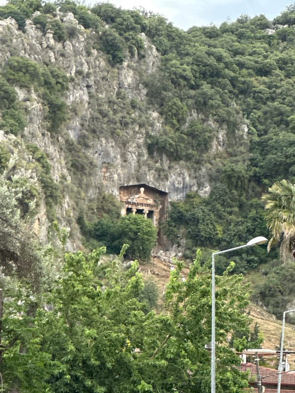 Tourist captures ancient tombs and flag-lined streets in Fethiye