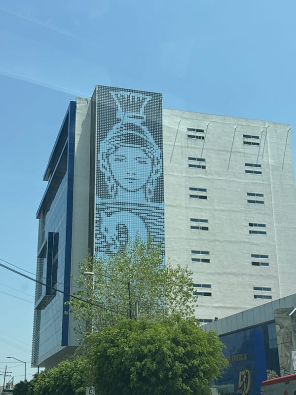 Pixelated portrait spotted on Puebla building wall