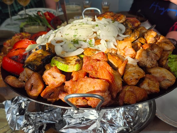 Grilled meal and pink roses observed in Votkinsk