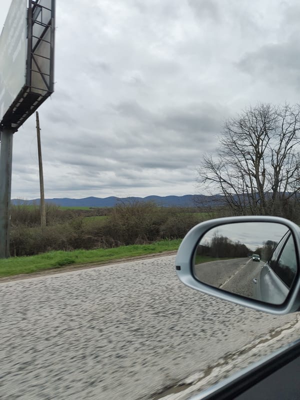 Vehicle travels road near Mramoren, Bulgaria