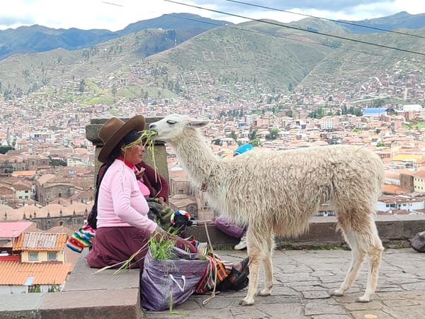 Tourists photograph Cusco cityscape with costumed performers, quinceañera celebration