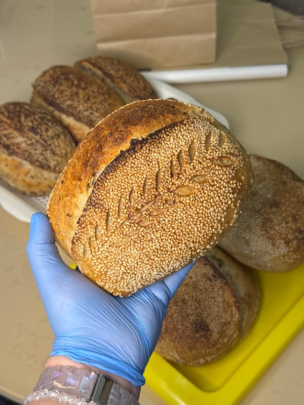 Baker displays fresh sesame bread loaves in Russian bakery