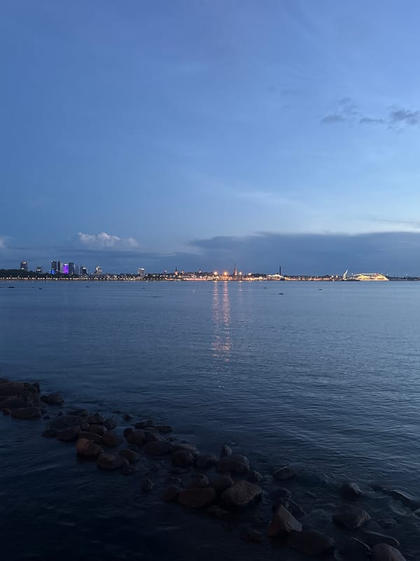 Tallinn waterfront at dusk, cruise ship and skyline