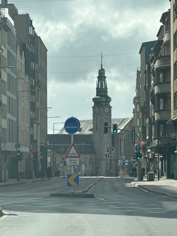 Street view of BCEE clock tower in Luxembourg City