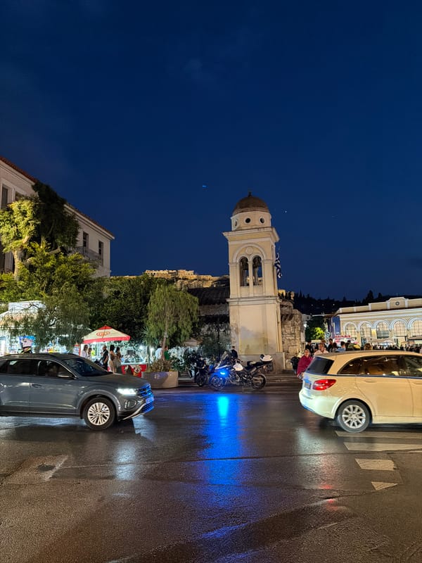 Evening scenes captured in Athens: illuminated church, coffee moment