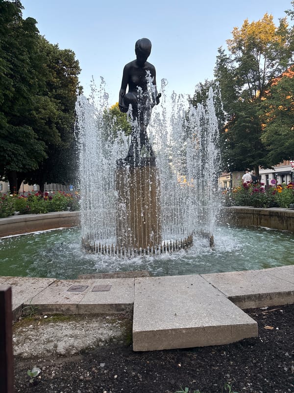 Pilsen park fountains, flowers, and statues on a summer evening