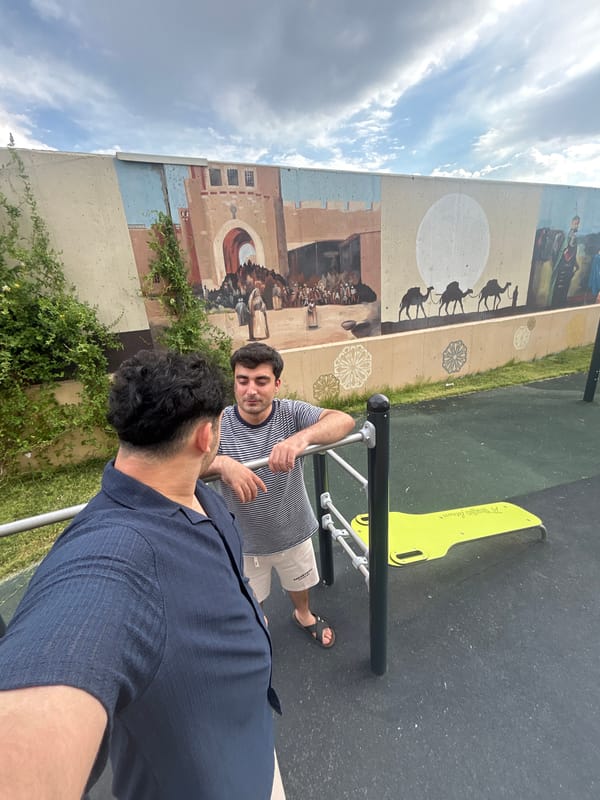 Workout session at a Tashkent outdoor gym with camel caravan mural