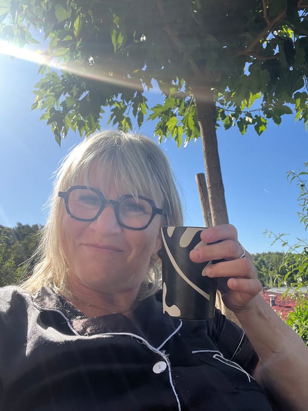 Morning coffee selfie in Chambœuf pajamas and blue skies