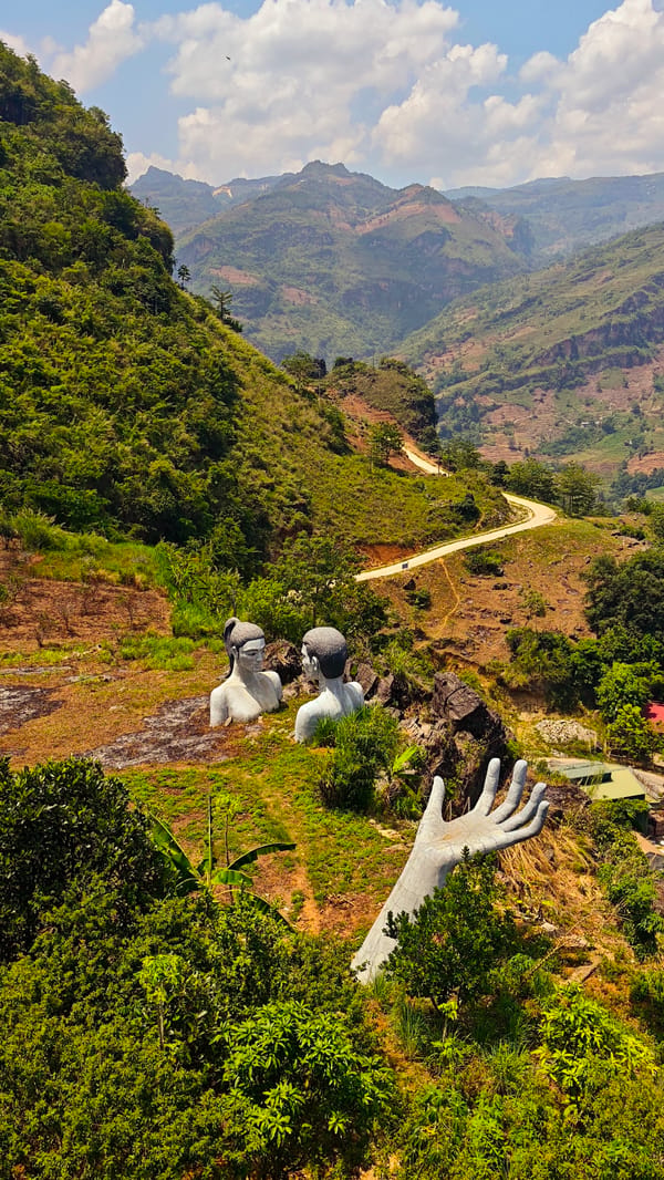 Morning landscape views and sculptures documented in Cốc Pài, Vietnam