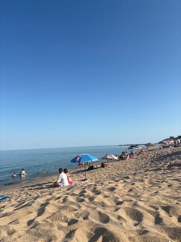 Busy beach day, sun out, crowds in the water and sand