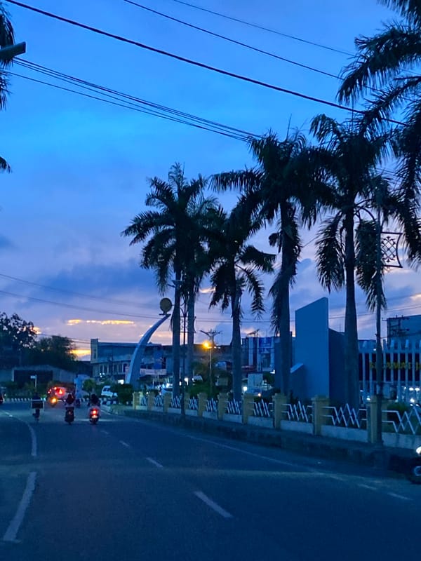 Twilight street scene in Lhokseumawe with palm trees and golden sky