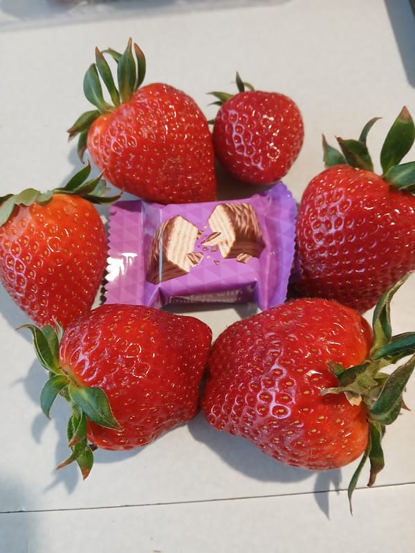 Strawberries and candy bar arranged in Vratsa, Bulgaria