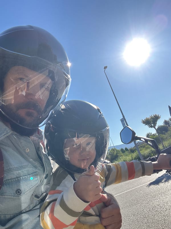 Adult and child spotted on motorcycle in Fethiye, Turkey
