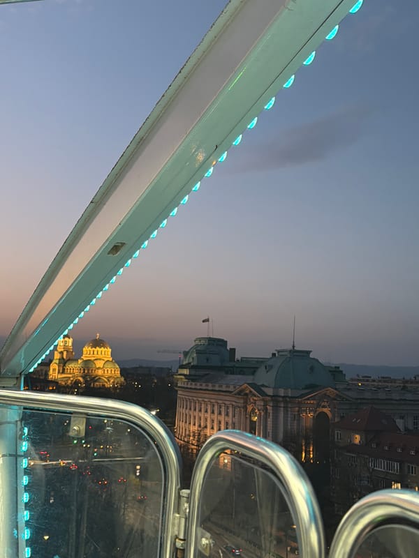 Ferris wheel rider captures Sofia cityscape at dusk