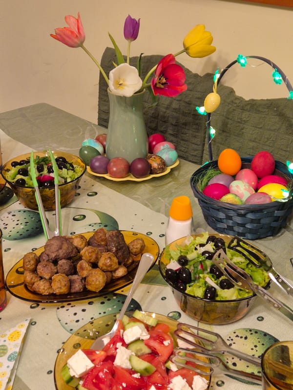 Easter celebration features Mediterranean salads and colorful decorated eggs