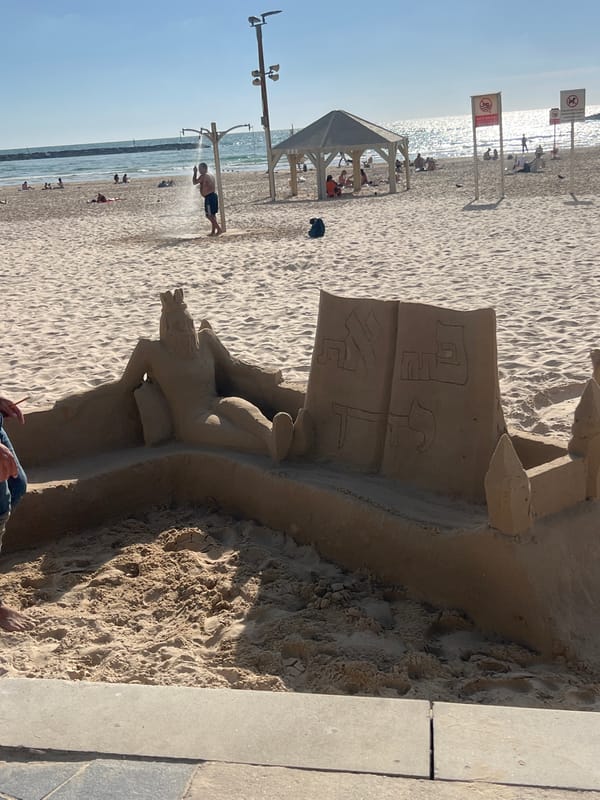Tel Aviv beach scenes: sand sculptures, volleyball, casual afternoon