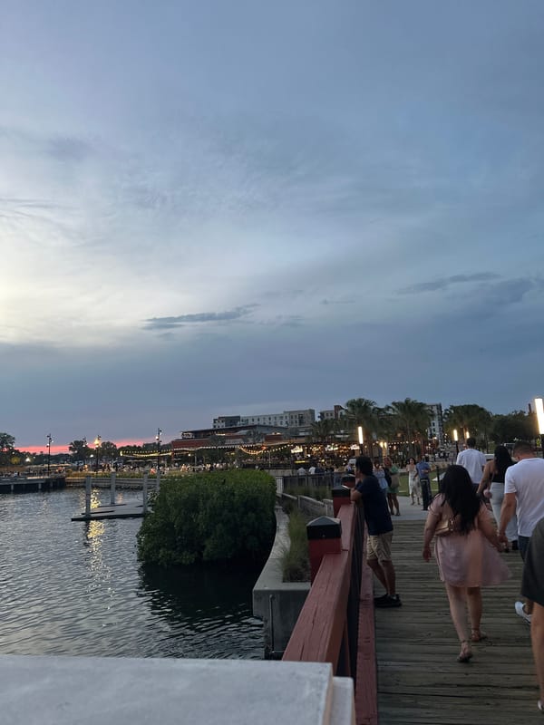 Evening gathering on Tampa waterfront boardwalk draws small crowd