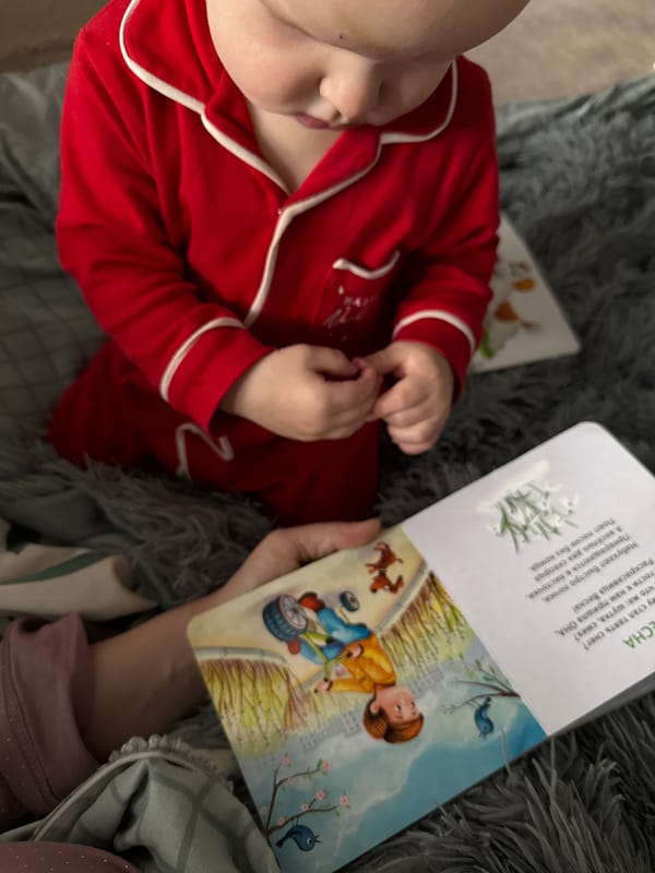 Child reads Russian book with cat in Donetsk home