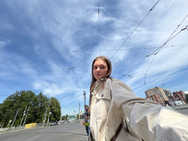 Woman takes selfies on Perm street Tuesday morning
