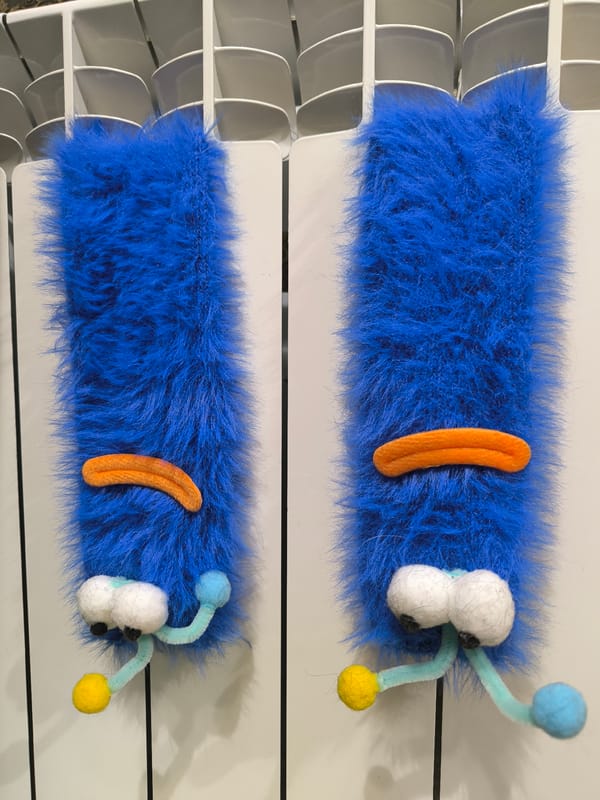 Blue furry decorations spotted on radiator in Russian home