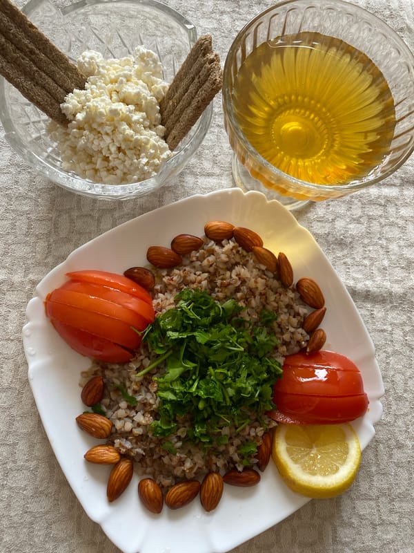 Buckwheat and cottage cheese breakfast spread in Lida, Belarus