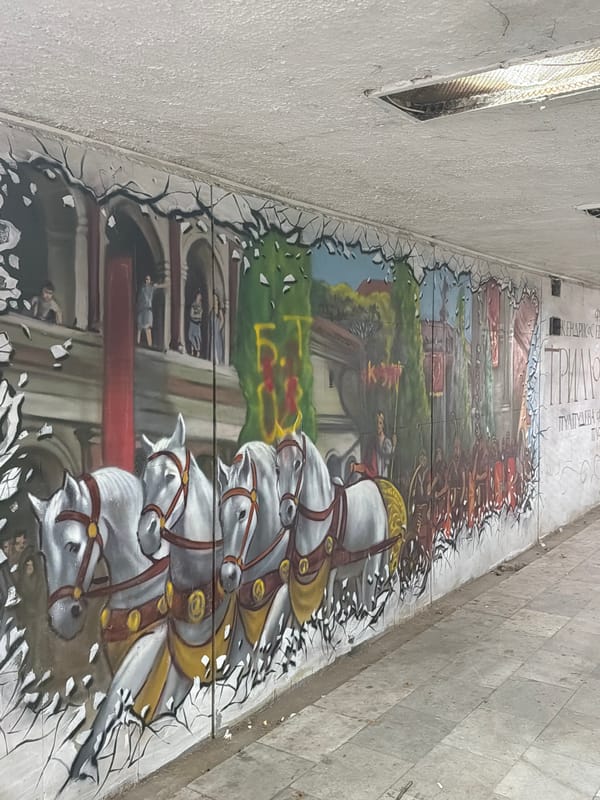 Historical mural documented in downtown Plovdiv, Bulgaria