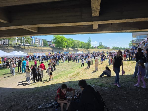 People gather in grassy area under concrete bridge