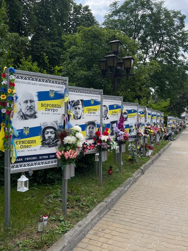 Ternopil city center, memorials and landmarks on a June morning