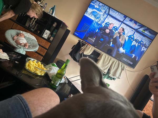 Home afternoon with a French bulldog and a baby