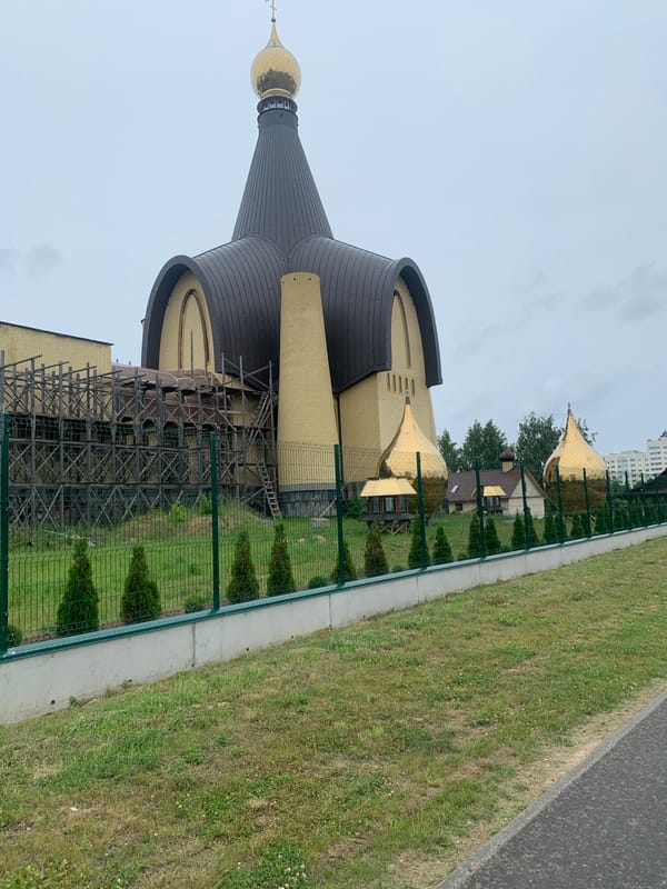 Morning walk through Hrodna captures church construction, parks, city life