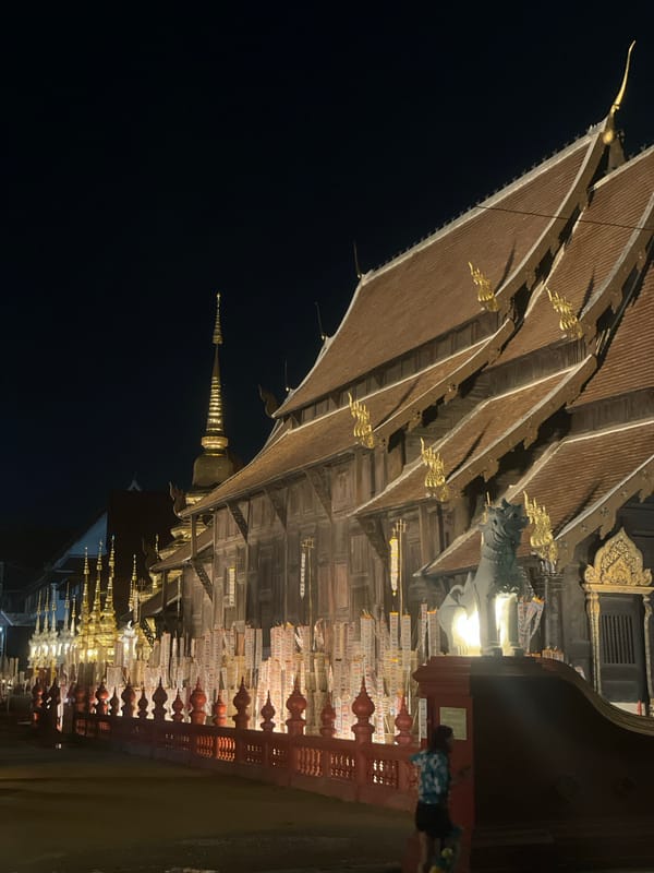 Ornate golden temple photographed at night in Chiang Mai