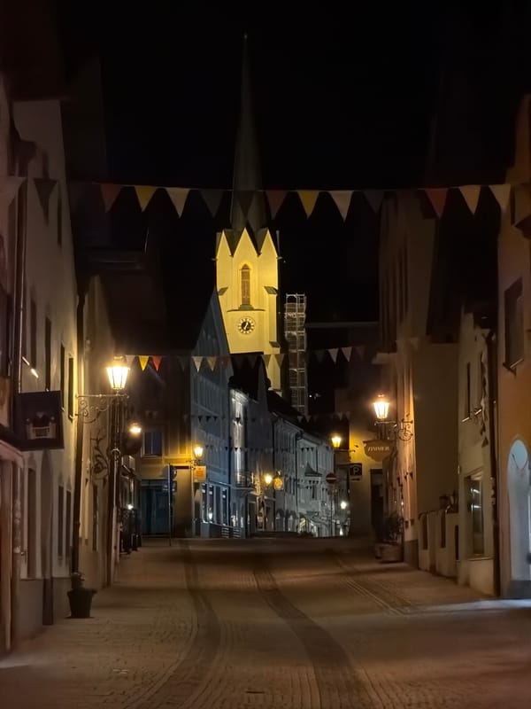 Quiet summer night along Garmisch-Partenkirchen streets and the Partnach River