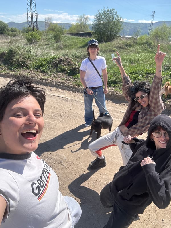 Young adults gather for photos on rural path in Zhivkovo