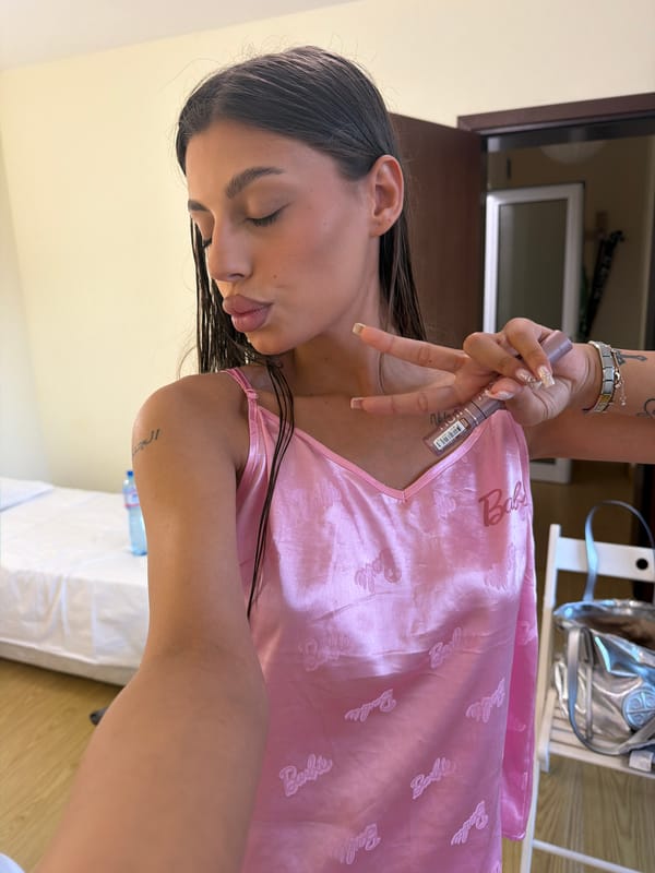 Hotel room selfie session in Obzor, pink satin Barbie set