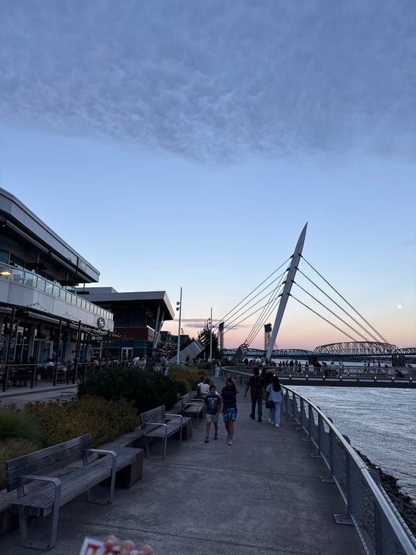 Twilight walk along Vancouver's waterfront bridge, with a religious detour