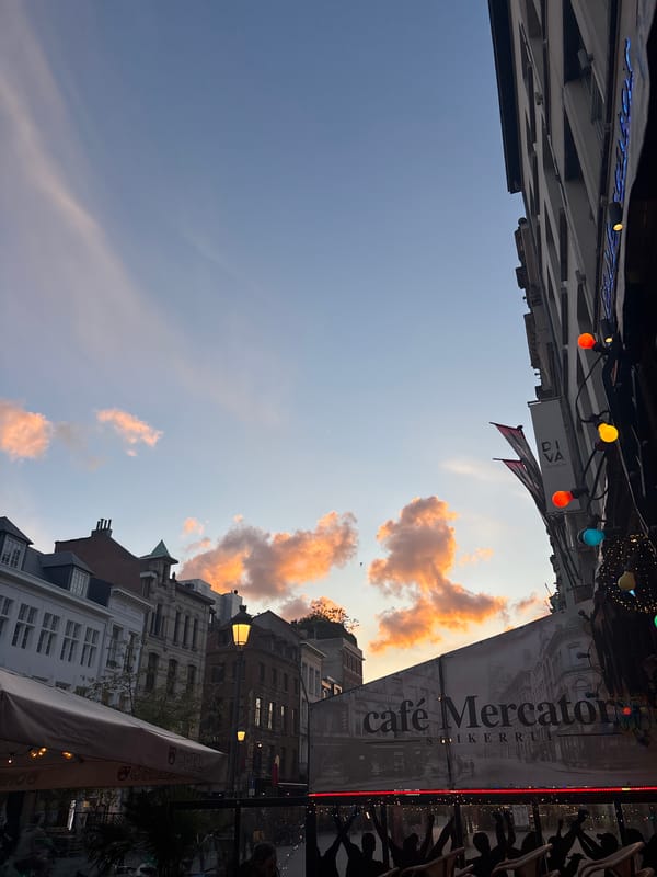 Evening street scenes documented around Antwerp cathedral