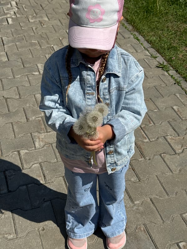 Child collects dandelion bouquet on sunny morning in Megion