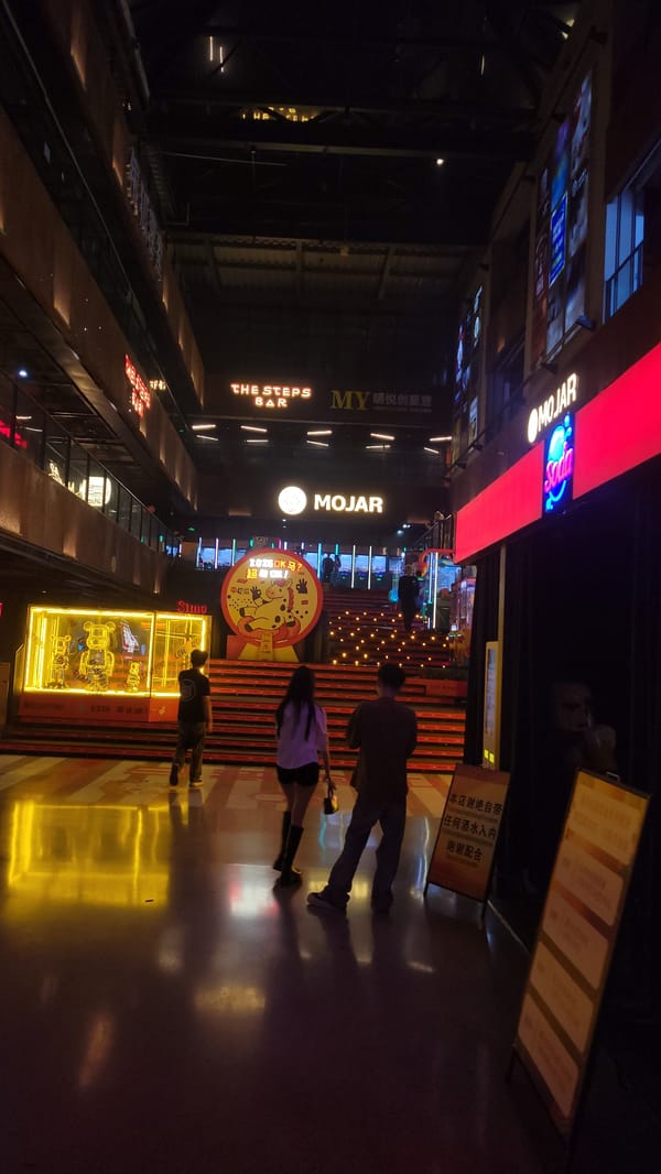 Nighttime urban scene documented: neon signs, masked crowds, taxis