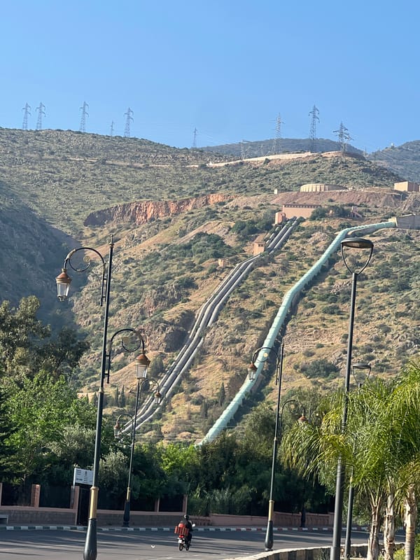 Industrial pipelines spotted in Morocco mountain landscape near Afourar