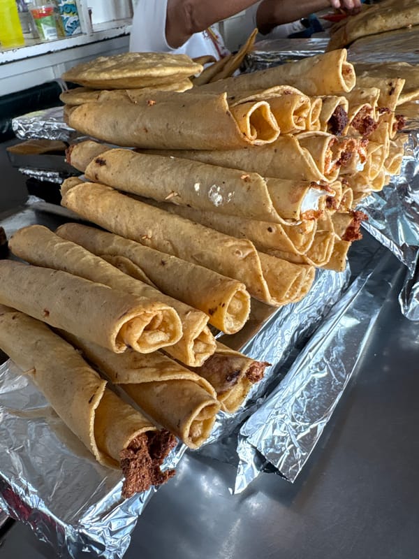 Fried tacos documented in foil container in Cuernavaca