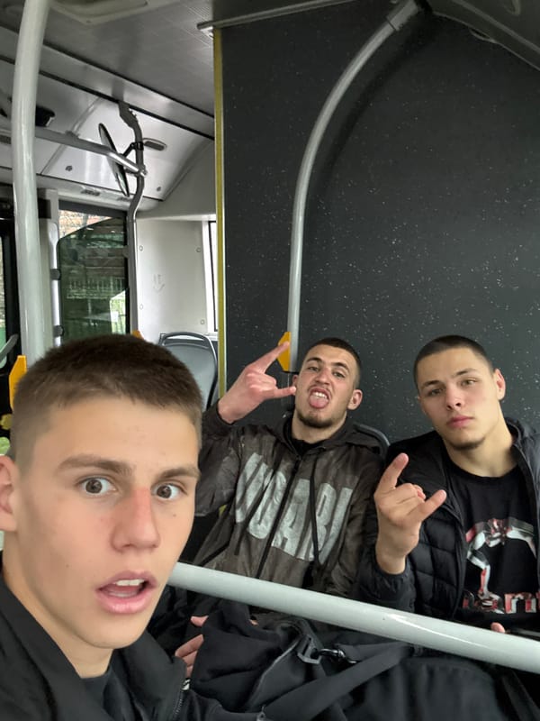 Young men take selfie on Sofia bus