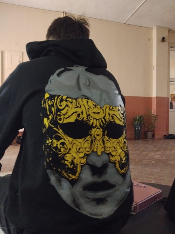 Person in decorated skull hoodie photographed in Nova Zagora