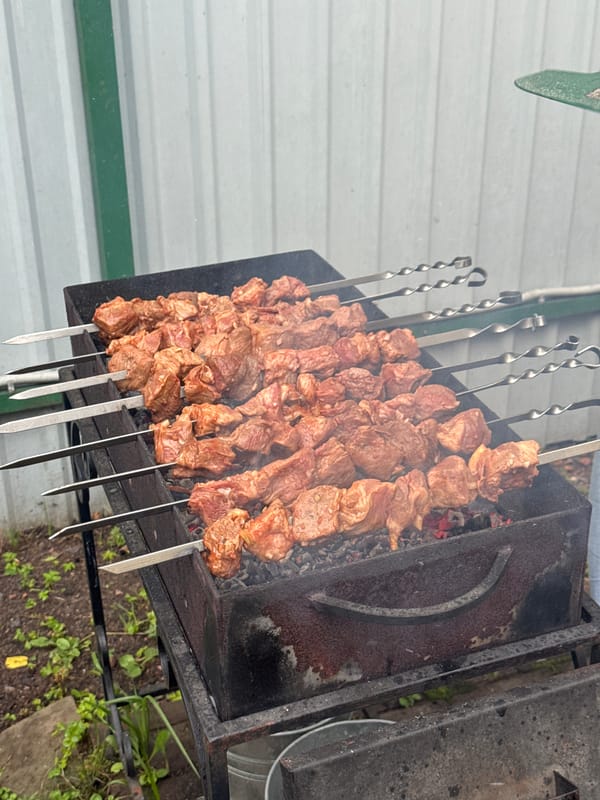 Charcoal grill loaded with skewers and sausages, suburban Moscow