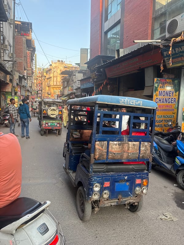 Bustling commercial street scene captured in Delhi's Paharganj district