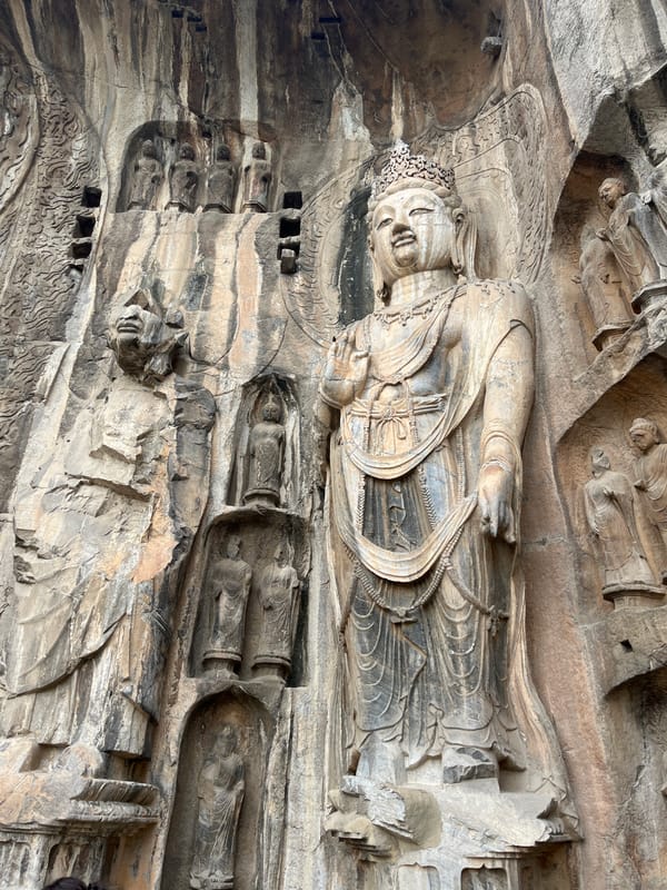 Ancient Buddhist carvings at Longmen Grottoes, plus one unbothered cat