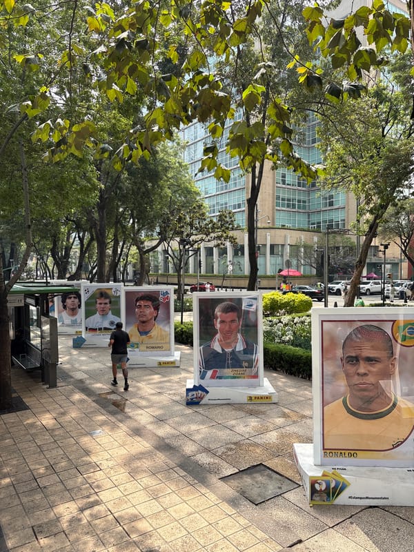 Soccer player posters from Panini collection exhibited on Mexico City street