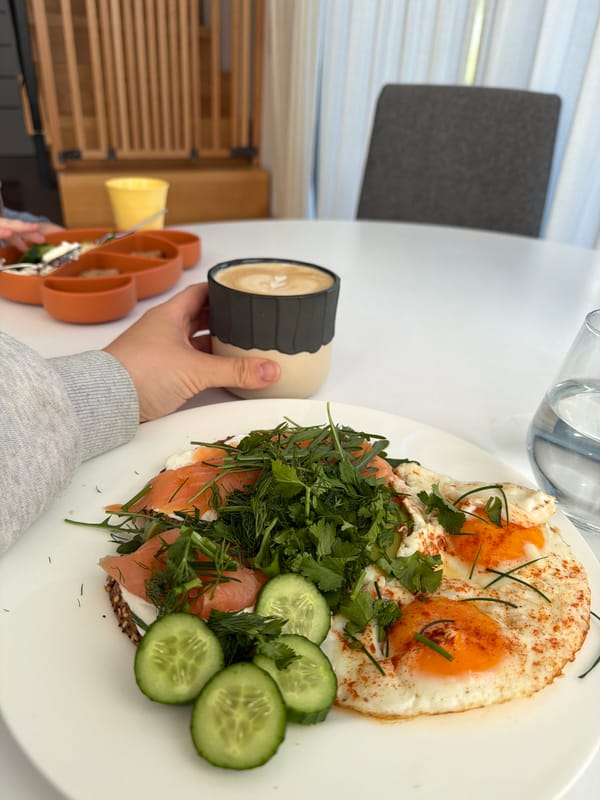 Morning breakfast with salmon and egg documented in Gangloff