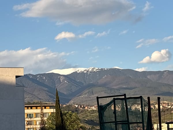 Snow-capped Pirin Mountains observed from Sandanski, Bulgaria
