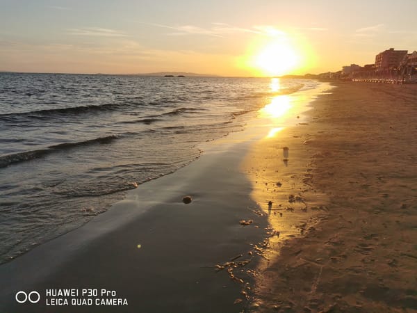 Golden hour on a quiet beach, waves and wet sand.